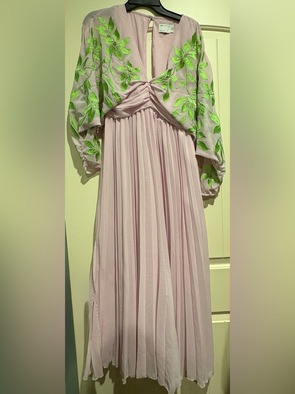 ASOS Light Pink Pleated Maxi Dress with Green Embroidered Sleeves